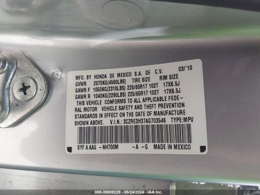 2010 Honda Cr-V Lx VIN: 3CZRE3H37AG703546 Lot: 39509229