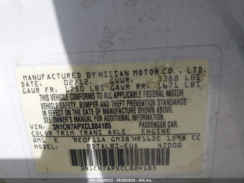 2012 Nissan Versa 1.6 Sv VIN: 3N1CN7APXCL884185 Lot: 39509232