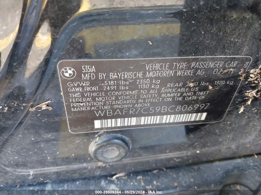 2011 BMW 535I VIN: WBAFR7C59BC806997 Lot: 39509244