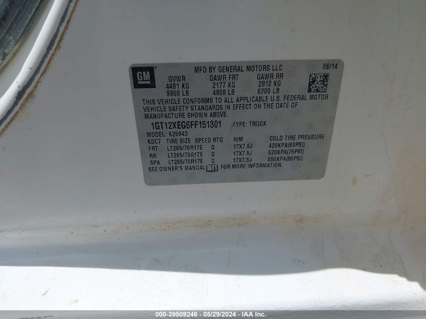 2015 GMC Sierra 2500Hd VIN: 1GT12XEG6FF151301 Lot: 39509246