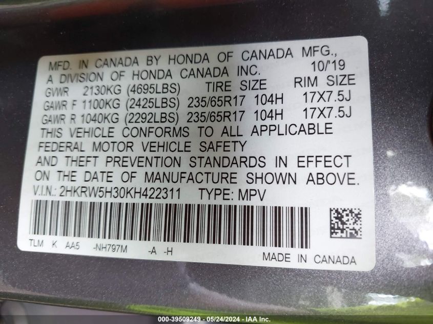 2019 Honda Cr-V Lx VIN: 2HKRW5H30KH422311 Lot: 39509249