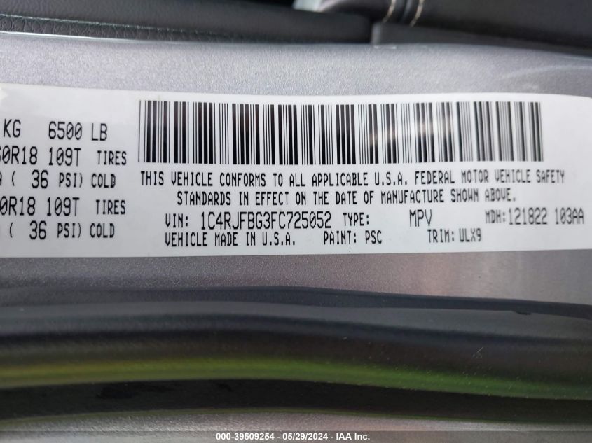 2015 Jeep Grand Cherokee Limited VIN: 1C4RJFBG3FC725052 Lot: 39509254