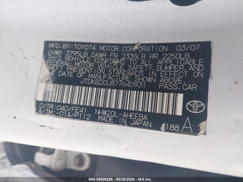 2007 Toyota Prius VIN: JTDKB20U877640931 Lot: 39509256