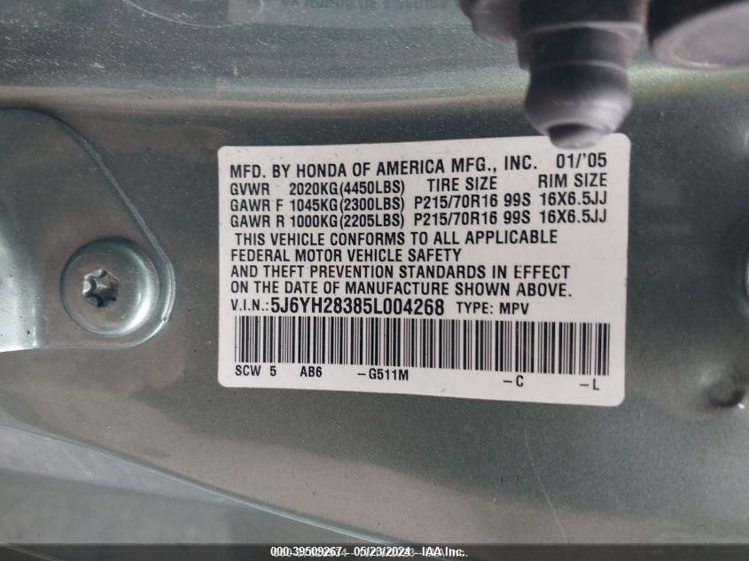 2005 Honda Element Lx VIN: 5J6YH28385L004268 Lot: 39509267