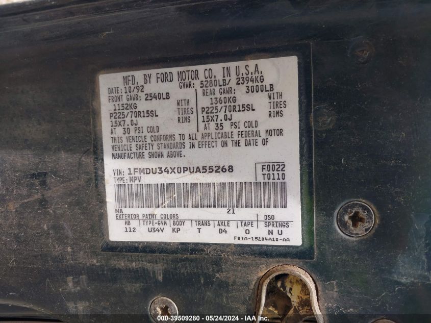 1993 Ford Explorer VIN: 1FMDU34X0PUA55268 Lot: 39509280