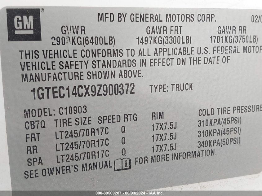 2009 GMC Sierra 1500 Work Truck VIN: 1GTEC14CX9Z900372 Lot: 39509287