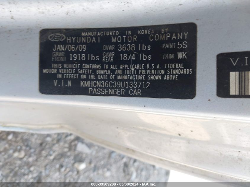 2009 Hyundai Accent Se VIN: KMHCN36C39U133712 Lot: 39509288