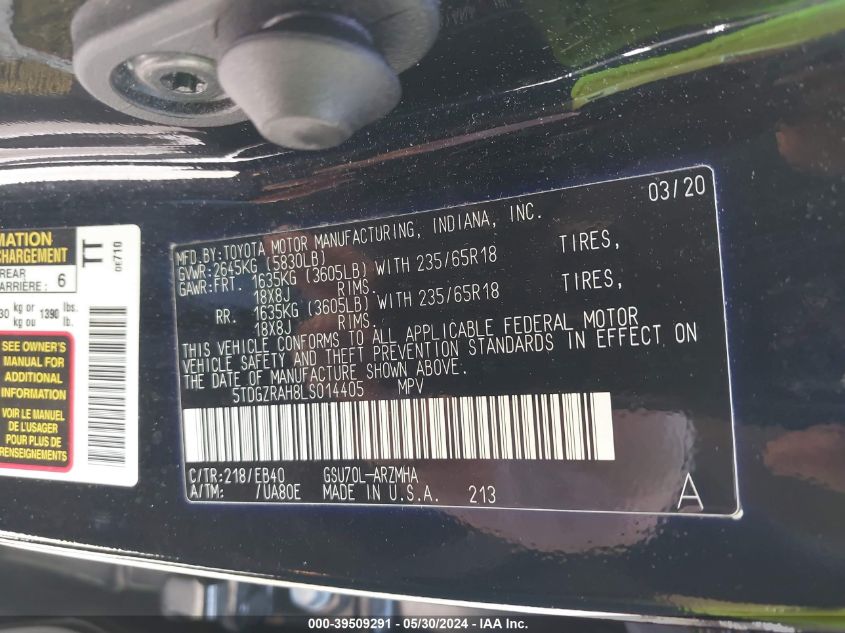 2020 Toyota Highlander Xle VIN: 5TDGZRAH8LS014405 Lot: 39509291