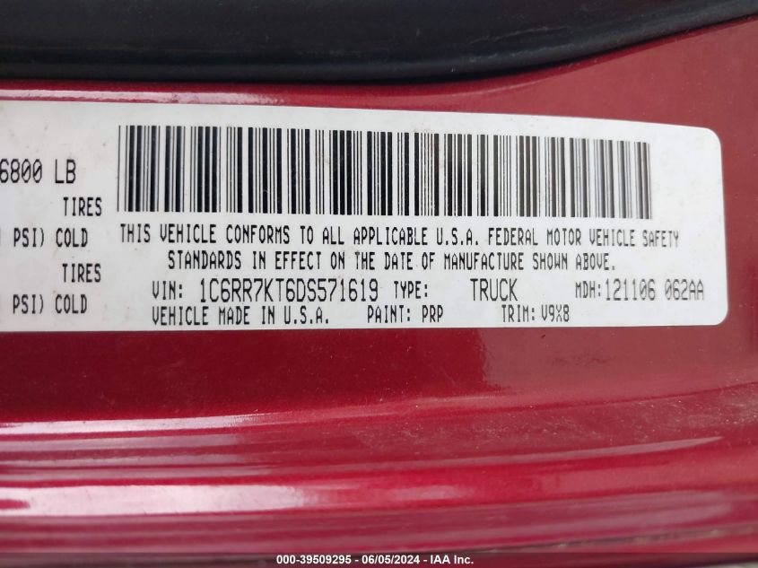 2013 Ram 1500 Express VIN: 1C6RR7KT6DS571619 Lot: 39509295