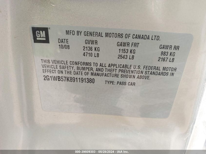 2009 Chevrolet Impala Ls VIN: 2G1WB57K891191380 Lot: 39509303