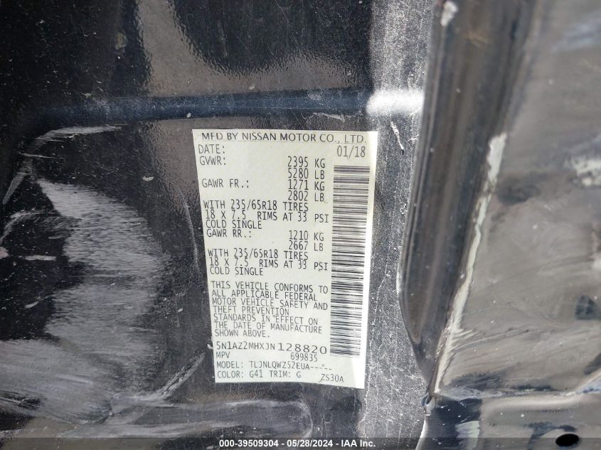 2018 Nissan Murano S/Sl/Sv/Platinum VIN: 5N1AZ2MHXJN128820 Lot: 39509304