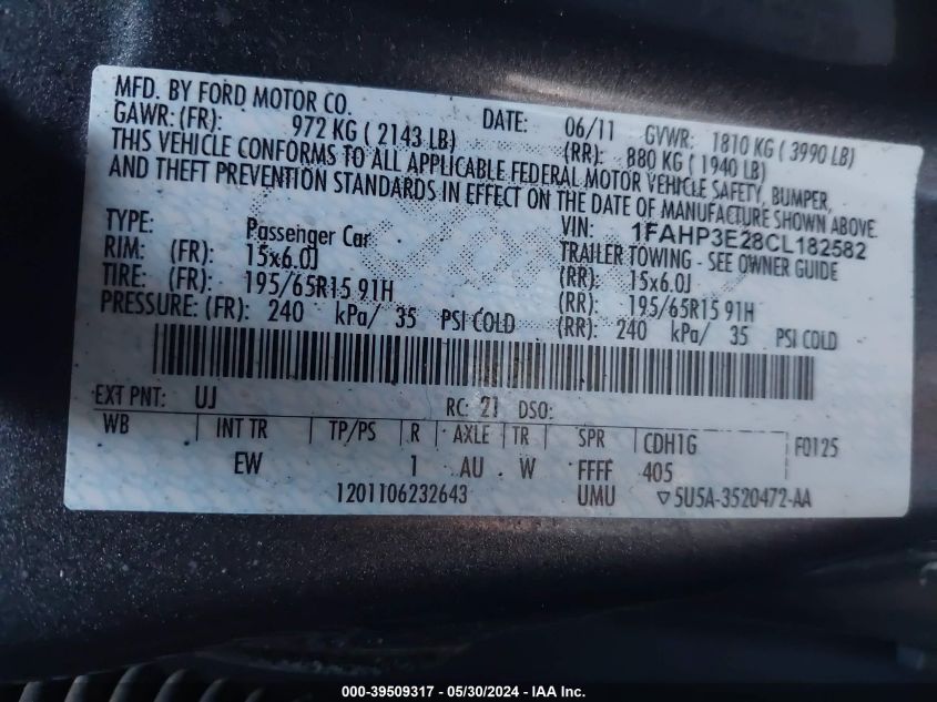 2012 Ford Focus S VIN: 1FAHP3E28CL182582 Lot: 39509317