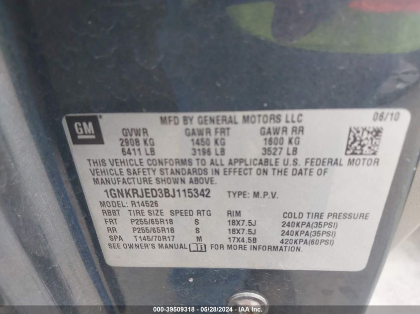 2011 Chevrolet Traverse Lt VIN: 1GNKRJED3BJ115342 Lot: 39509318
