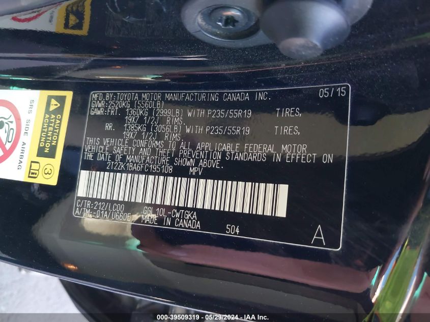 2015 Lexus Rx 350 VIN: 2T2ZK1BA6FC195108 Lot: 39509319