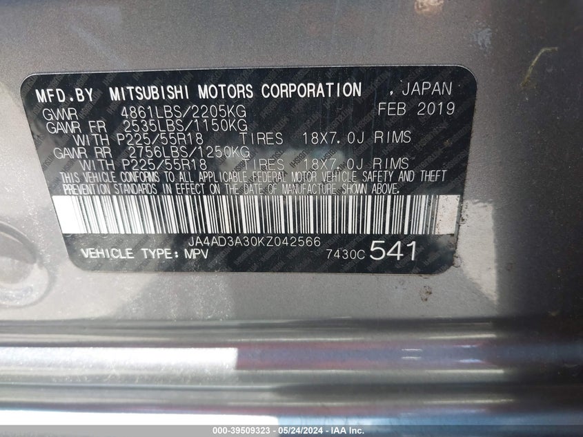 2019 MITSUBISHI OUTLANDER LE/SE/SEL - JA4AD3A30KZ042566