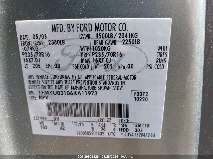 2006 Ford Escape Xlt/Xlt Sport VIN: 1FMYU03106KA11973 Lot: 39509328