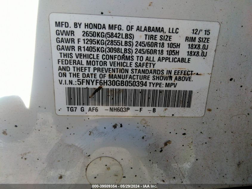 2016 Honda Pilot Ex VIN: 5FNYF6H30GB050394 Lot: 39509354