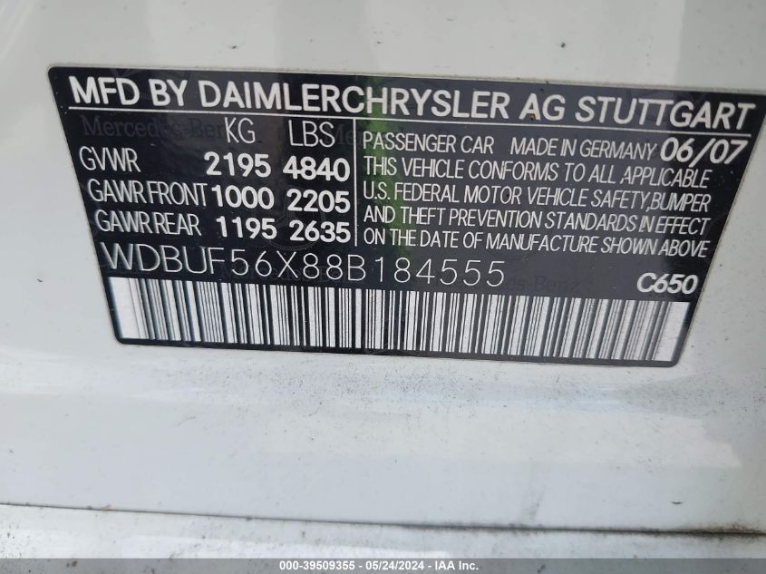 2008 Mercedes-Benz E 350 VIN: WDBUF56X88B184555 Lot: 39509355