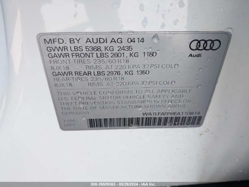 2014 Audi Q5 2.0T Premium VIN: WA1LFAFP8EA110814 Lot: 39509363