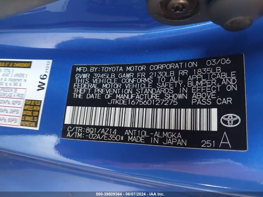 2006 Scion Tc VIN: JTKDE167560127275 Lot: 39509364