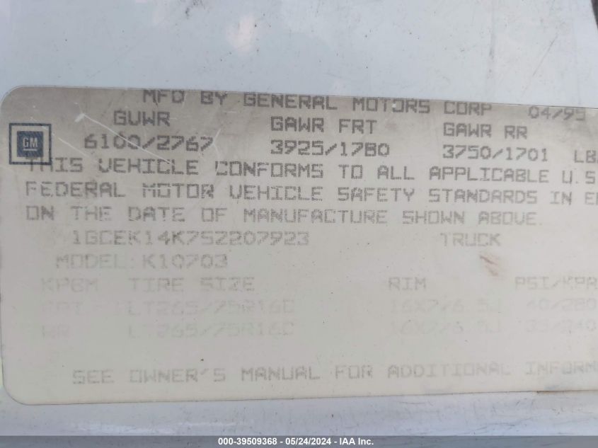 1995 Chevrolet Gmt-400 K1500 VIN: 1GCEK14K7SZ207923 Lot: 39509368