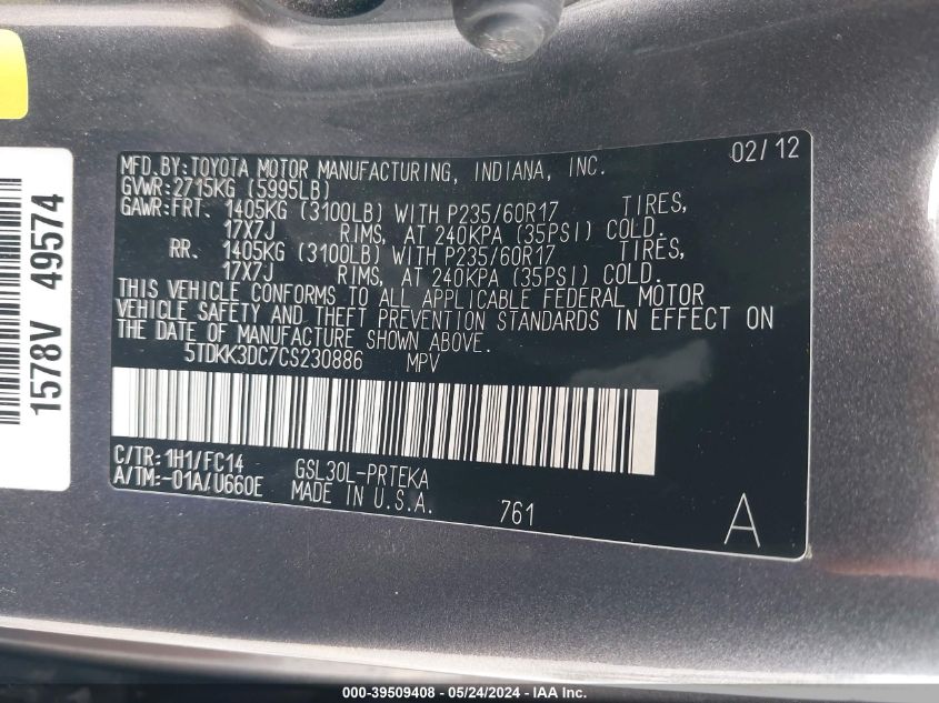 2012 Toyota Sienna Le V6 8 Passenger VIN: 5TDKK3DC7CS230886 Lot: 39509408