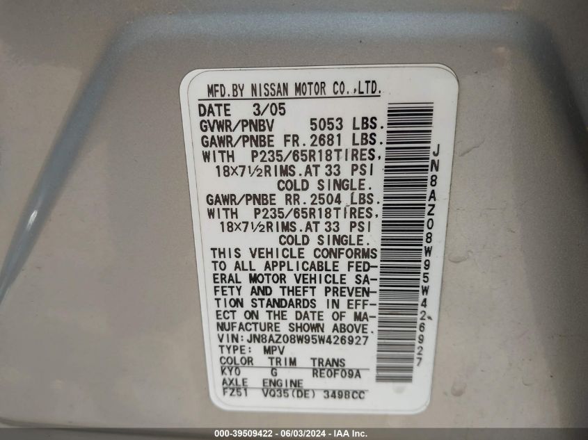 2005 Nissan Murano Sl VIN: JN8AZ08W95W426927 Lot: 39509422