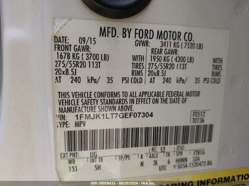 2016 Ford Expedition El Platinum VIN: 1FMJK1LT7GEF07304 Lot: 39509433