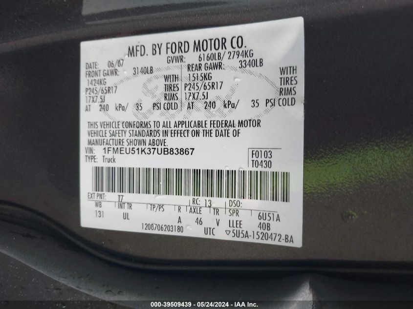 2007 Ford Explorer Sport Trac Xlt VIN: 1FMEU51K37UB83867 Lot: 39509439
