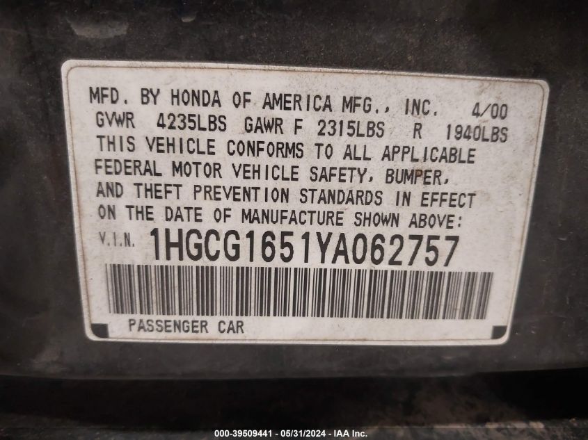 2000 Honda Accord 3.0 Ex VIN: 1HGCG1651YA062757 Lot: 39509441