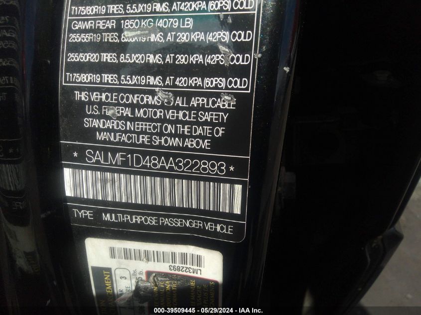 2010 Land Rover Range Rover Hse VIN: SALMF1D48AA322893 Lot: 39509445