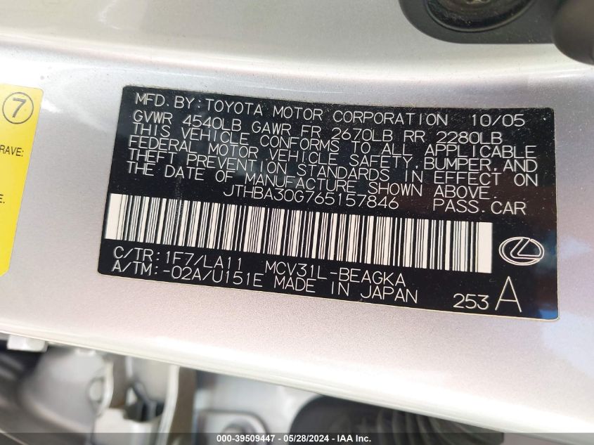 2006 Lexus Es 330 VIN: JTHBA30G765157846 Lot: 39509447