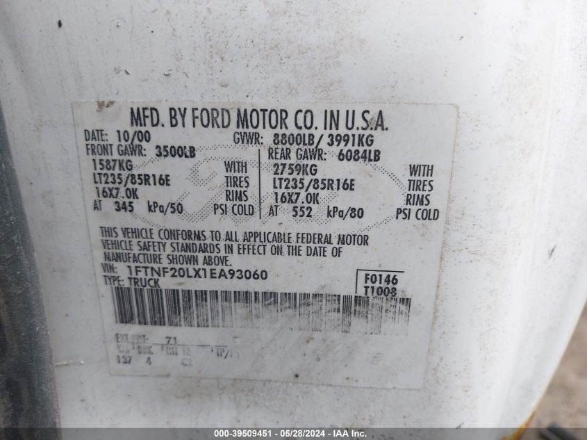 2001 Ford F-250 Xl/Xlt VIN: 1FTNF20LX1EA93060 Lot: 39509451