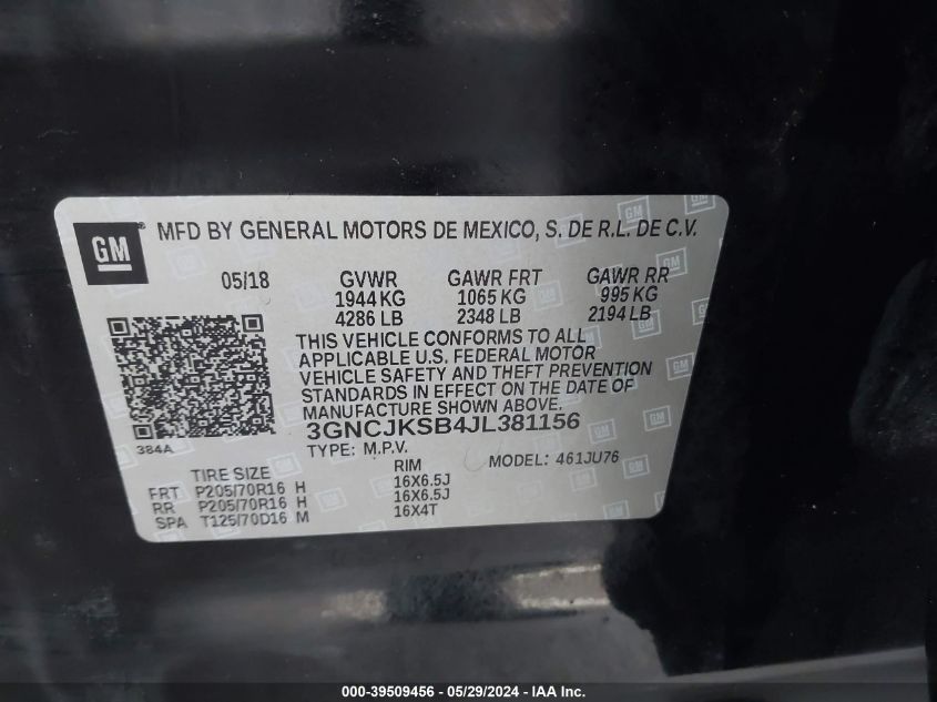 2018 Chevrolet Trax Ls VIN: 3GNCJKSB4JL381156 Lot: 39509456