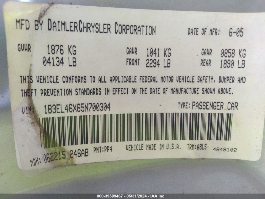 2005 Dodge Stratus Sxt VIN: 1B3EL46X65N700304 Lot: 39509467