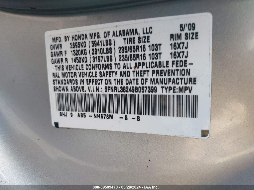 2009 Honda Odyssey Lx VIN: 5FNRL38249B057399 Lot: 39509470