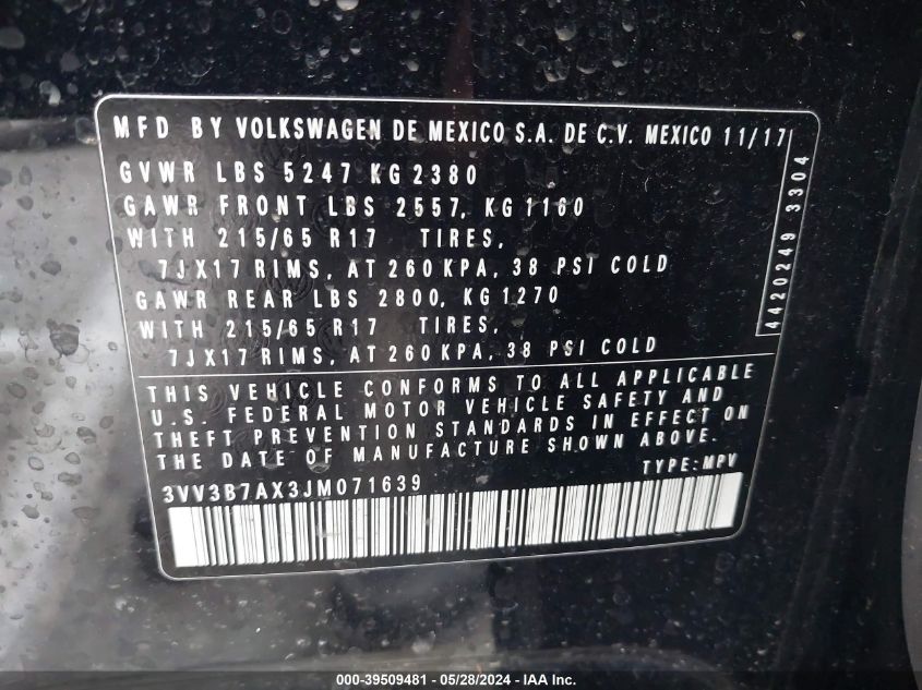 2018 VOLKSWAGEN TIGUAN SE/SEL - 3VV3B7AX3JM071639