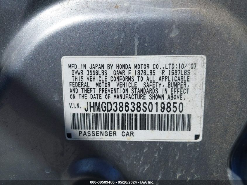 2008 Honda Fit Sport VIN: JHMGD38638S019850 Lot: 39509486