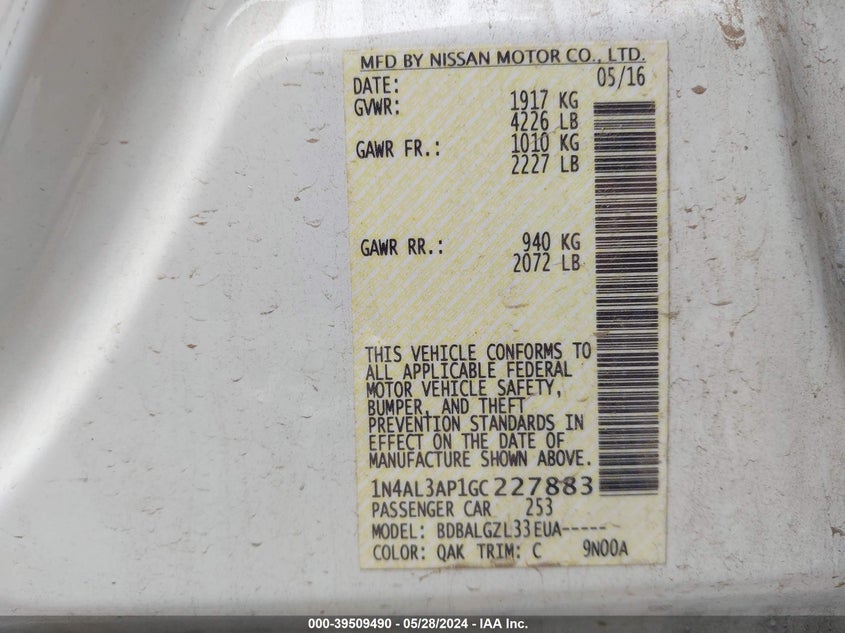 2016 Nissan Altima 2.5/S/Sv/Sl/Sr VIN: 1N4AL3AP1GC227883 Lot: 39509490