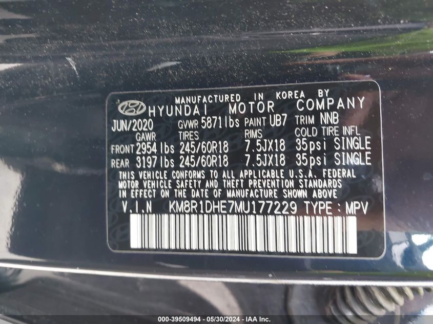 2021 Hyundai Palisade Se VIN: KM8R1DHE7MU177229 Lot: 39509494