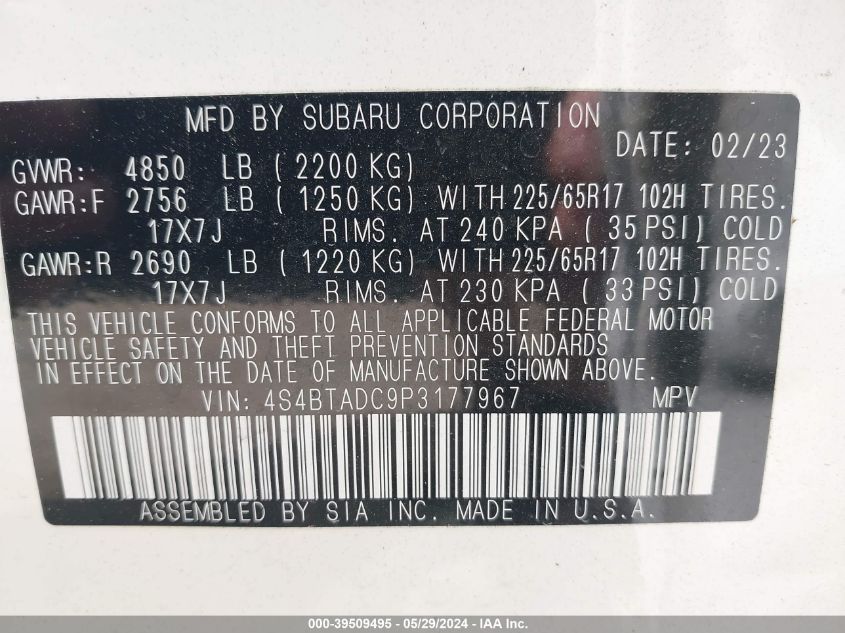 2023 Subaru Outback Premium VIN: 4S4BTADC9P3177967 Lot: 39509495