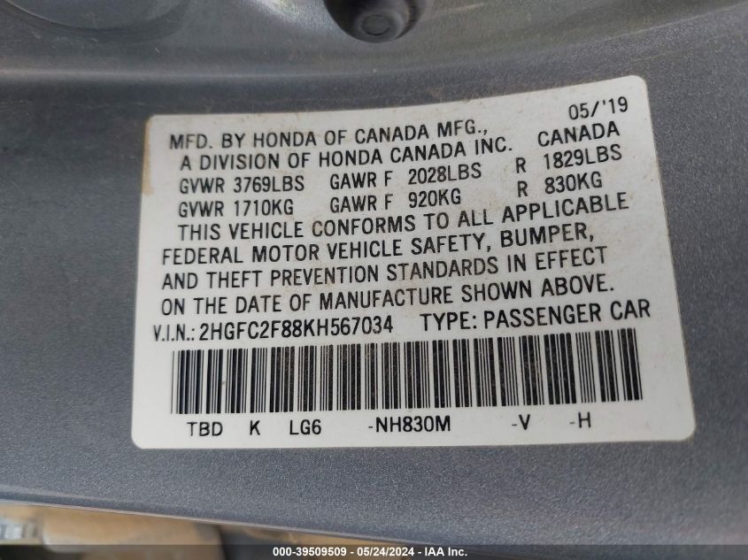 2019 Honda Civic Sport VIN: 2HGFC2F88KH567034 Lot: 39509509