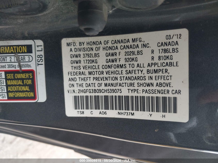2012 Honda Civic Ex-L VIN: 2HGFG3B09CH539075 Lot: 39509515