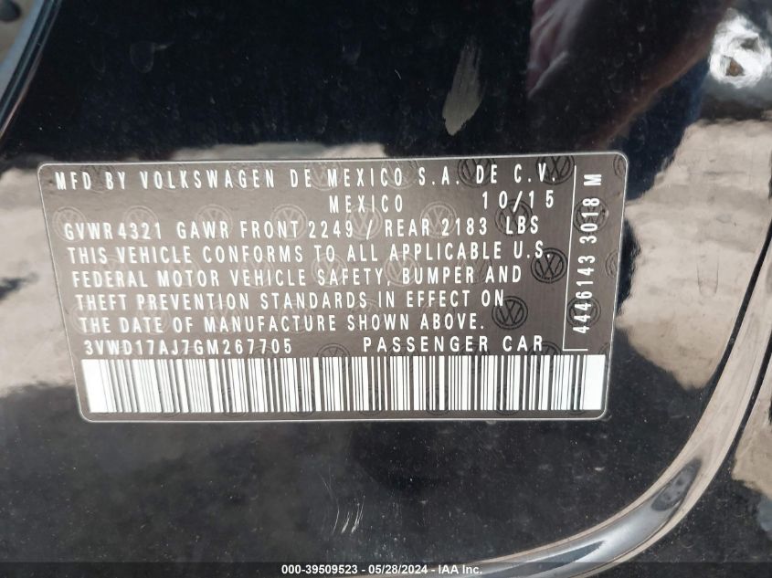 2016 Volkswagen Jetta 1.8T Sport VIN: 3VWD17AJ7GM267705 Lot: 39509523
