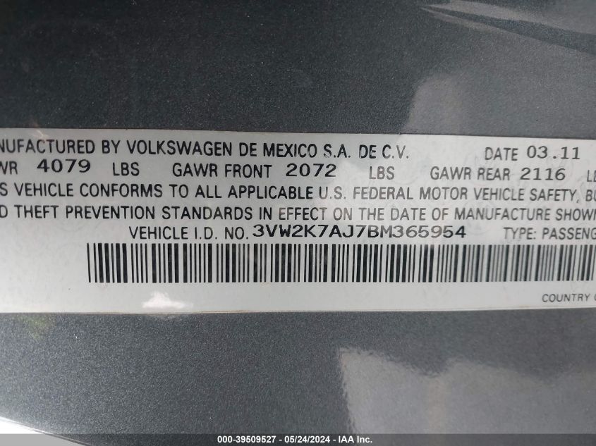2011 Volkswagen Jetta 2.0L S VIN: 3VW2K7AJ7BM365954 Lot: 39509527