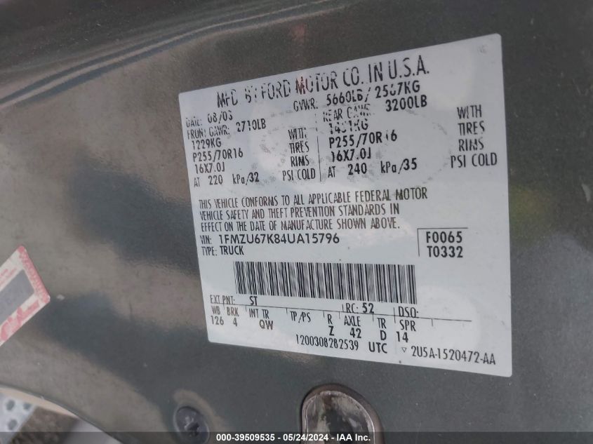 2004 Ford Explorer Sport Trac Adrenalin/Xls/Xlt VIN: 1FMZU67K84UA15796 Lot: 39509535