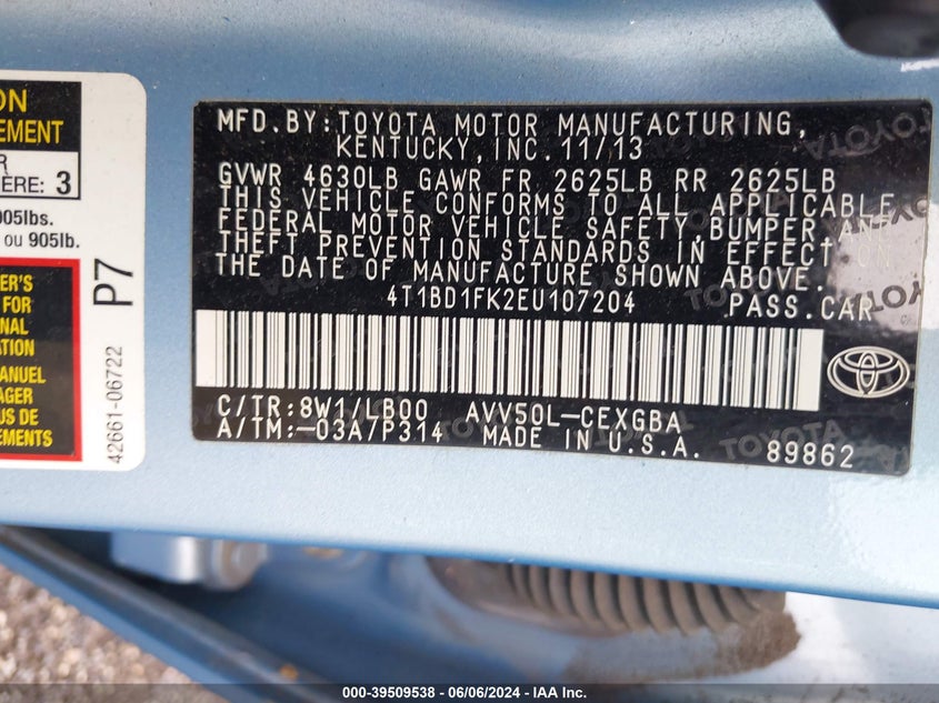 2014 Toyota Camry Hybrid Xle VIN: 4T1BD1FK2EU107204 Lot: 39509538