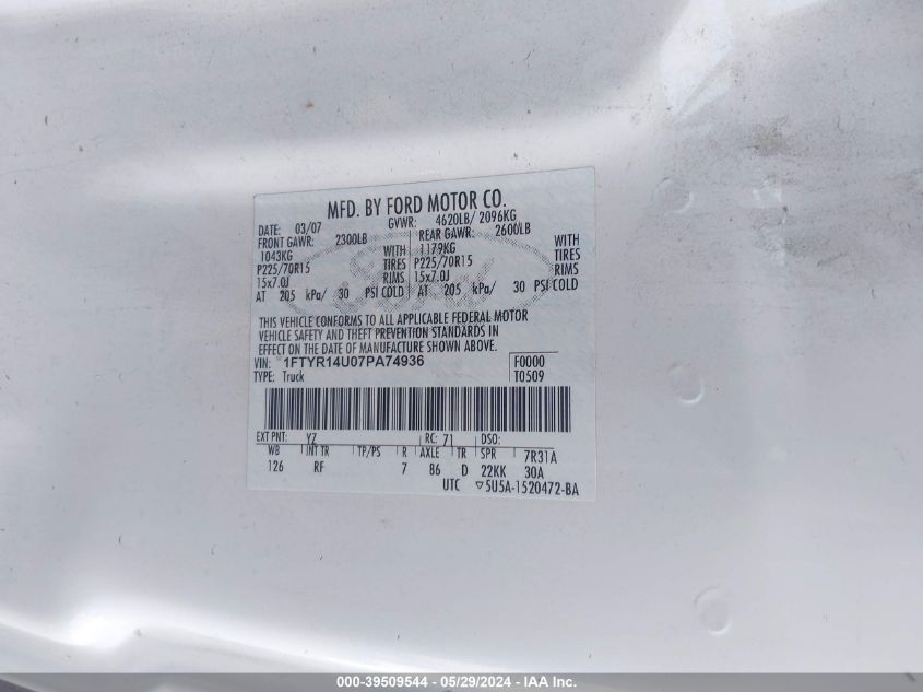 2007 Ford Ranger Sport/Stx/Xl/Xlt VIN: 1FTYR14U07PA74936 Lot: 39509544
