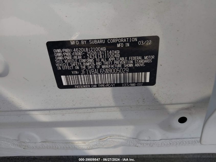 2022 Subaru Wrx Limited VIN: JF1VBAL65N9005029 Lot: 39509547