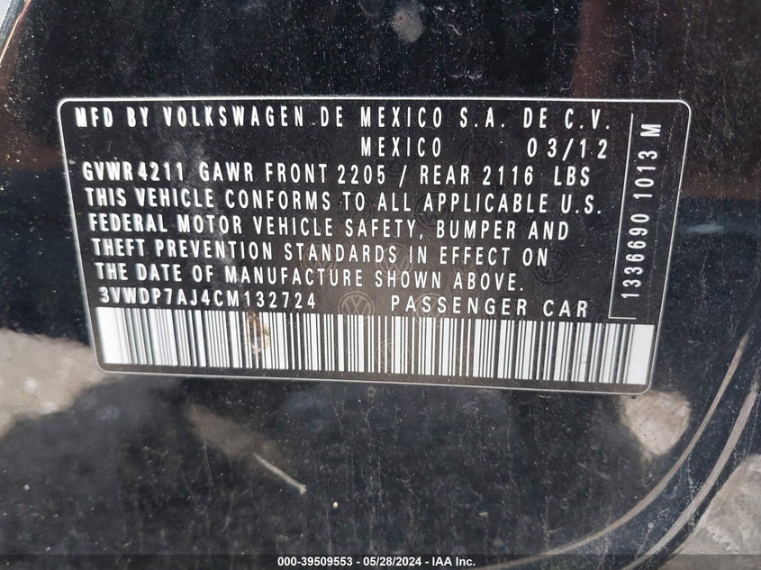 2012 Volkswagen Jetta 2.5L Se VIN: 3VWDP7AJ4CM132724 Lot: 39509553